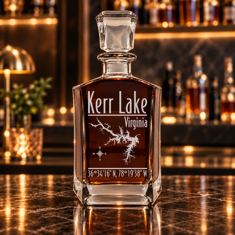 Kerr Lake Virginia Modern engraved six-sided whiskey decanter - decanter alone