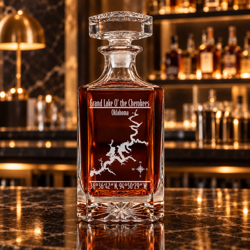 Grand Lake O' The Cherokees Oklahoma Modern engraved square whiskey decanter - decanter alone