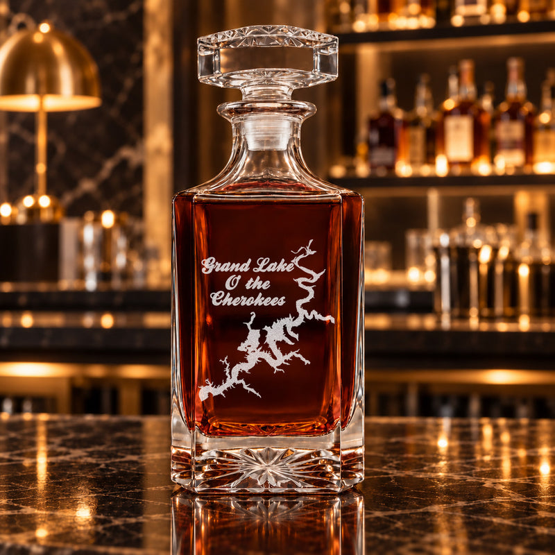Grand Lake O' The Cherokees Oklahoma Minimalist engraved square whiskey decanter - decanter alone