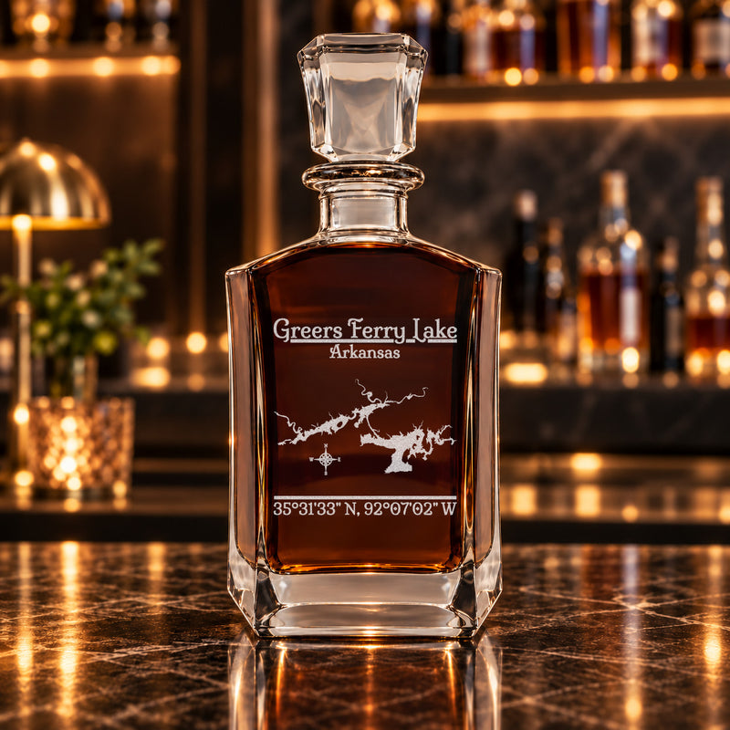 Greers Ferry Lake Arkansas Classic engraved six-sided whiskey decanter - decanter alone
