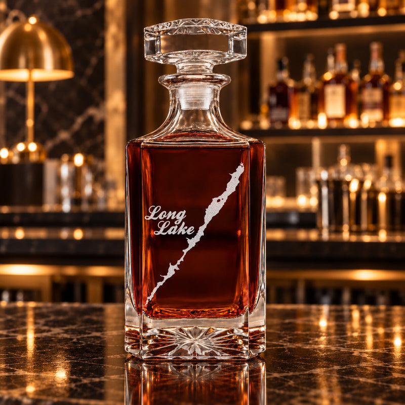 Long Lake New York Minimalist engraved square whiskey decanter - decanter alone