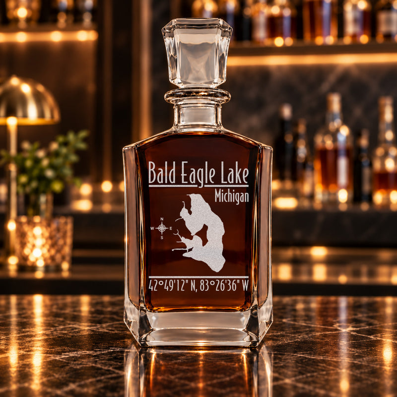 Bald Eagle Lake Michigan Modern engraved six-sided whiskey decanter - decanter alone