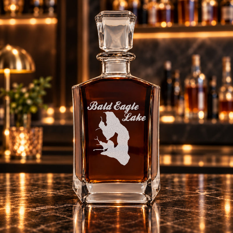 Bald Eagle Lake Michigan Minimalist engraved six-sided whiskey decanter - decanter alone