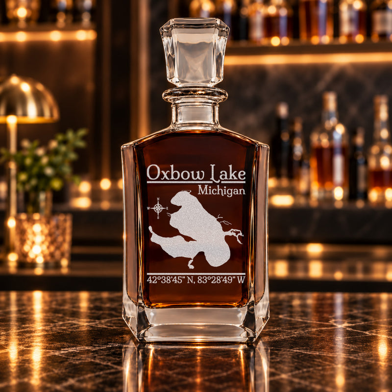 Oxbow Lake Michigan Classic engraved six-sided whiskey decanter - decanter alone
