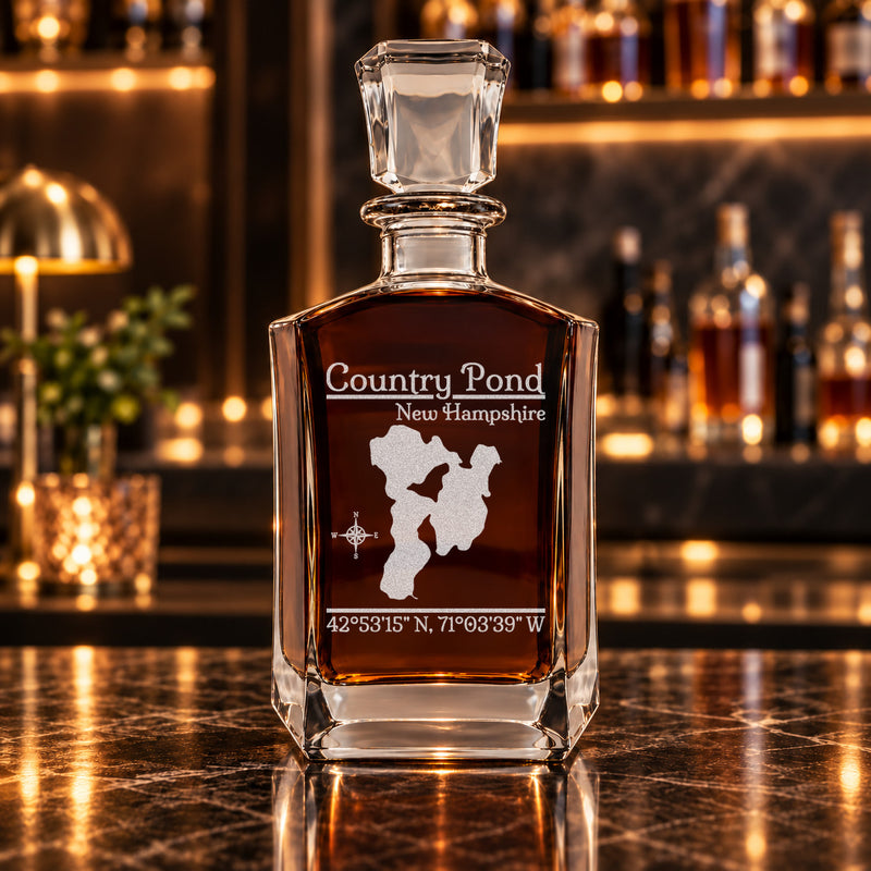 Country Pond New Hampshire Classic engraved six-sided whiskey decanter - decanter alone