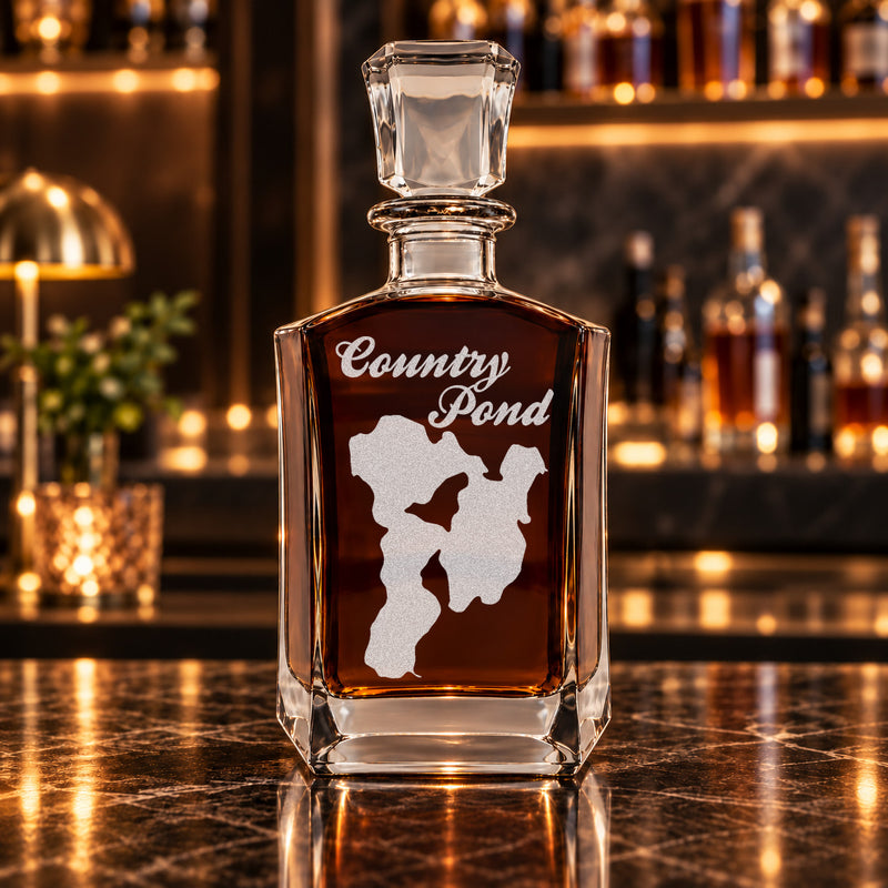 Country Pond New Hampshire Minimalist engraved six-sided whiskey decanter - decanter alone