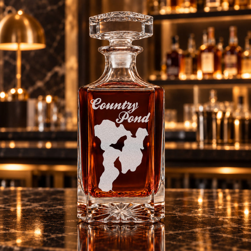 Country Pond New Hampshire Minimalist engraved square whiskey decanter - decanter alone
