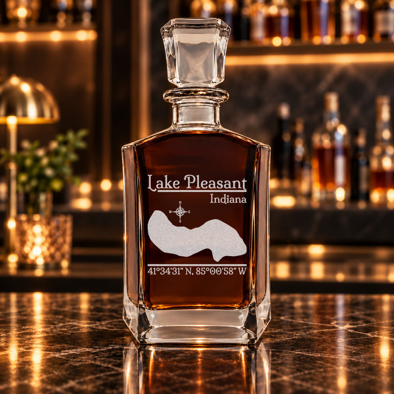 Lake Pleasant Indiana Classic engraved six-sided whiskey decanter - decanter alone