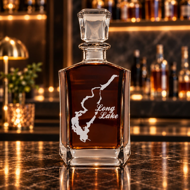 Long Lake Wisconsin Minimalist engraved six-sided whiskey decanter - decanter alone