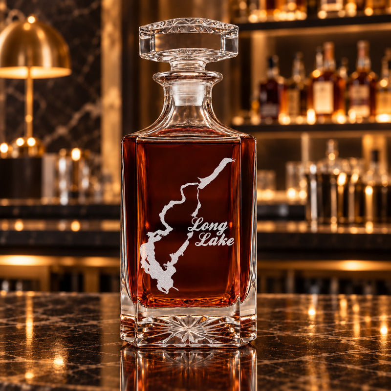 Long Lake Wisconsin Minimalist engraved square whiskey decanter - decanter alone