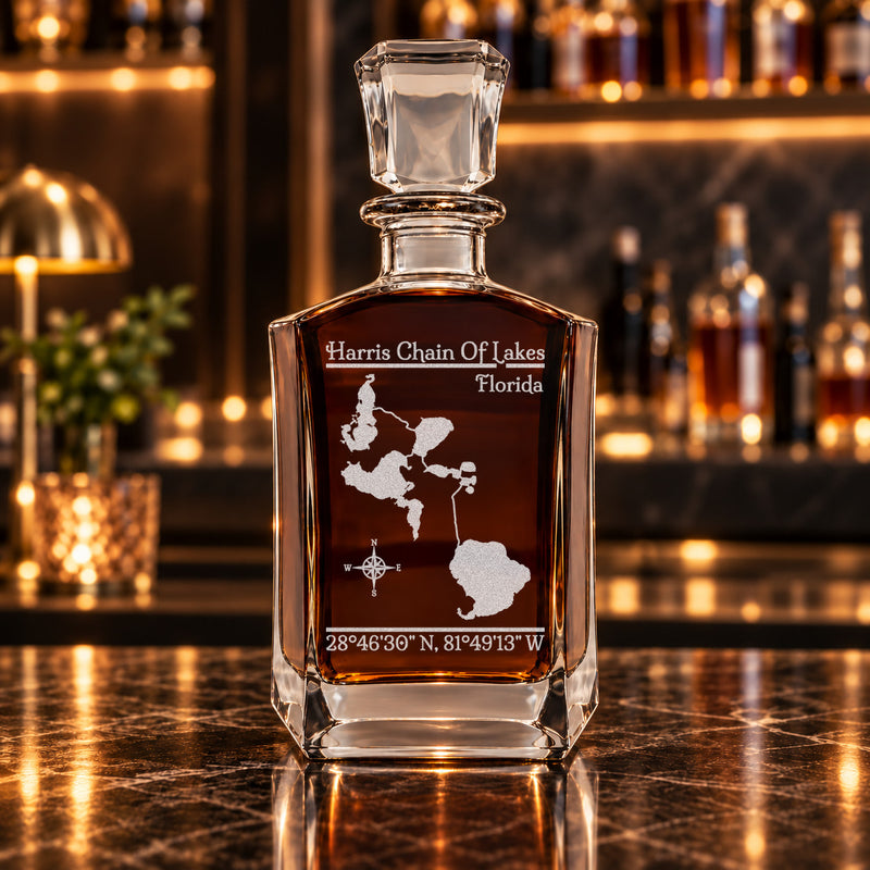 Harris Chain Of Lakes Florida Classic engraved six-sided whiskey decanter - decanter alone