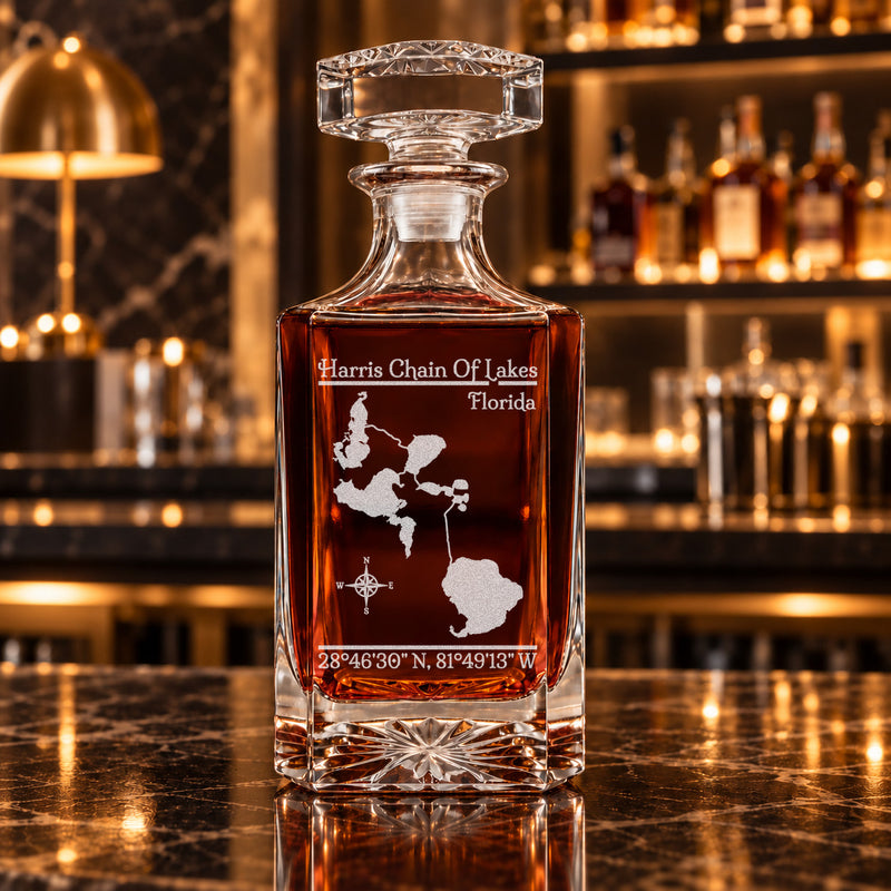 Harris Chain Of Lakes Florida Classic engraved square whiskey decanter - decanter alone