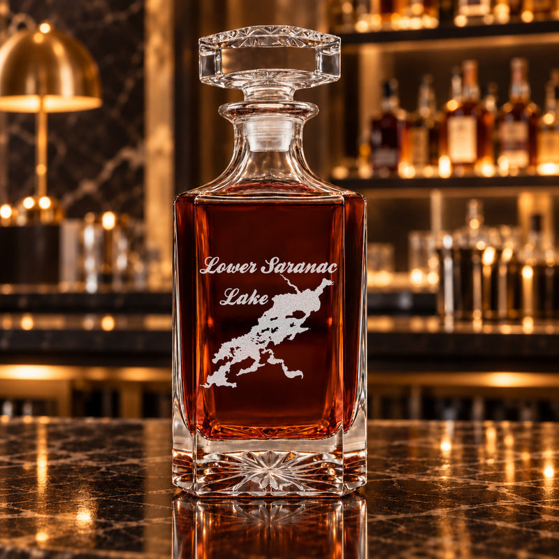 Lower Saranac Lake New York Minimalist engraved square whiskey decanter - decanter alone
