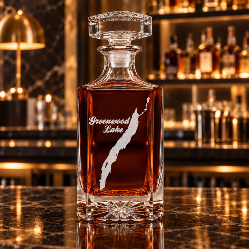 Greenwood Lake New York Minimalist engraved square whiskey decanter - decanter alone