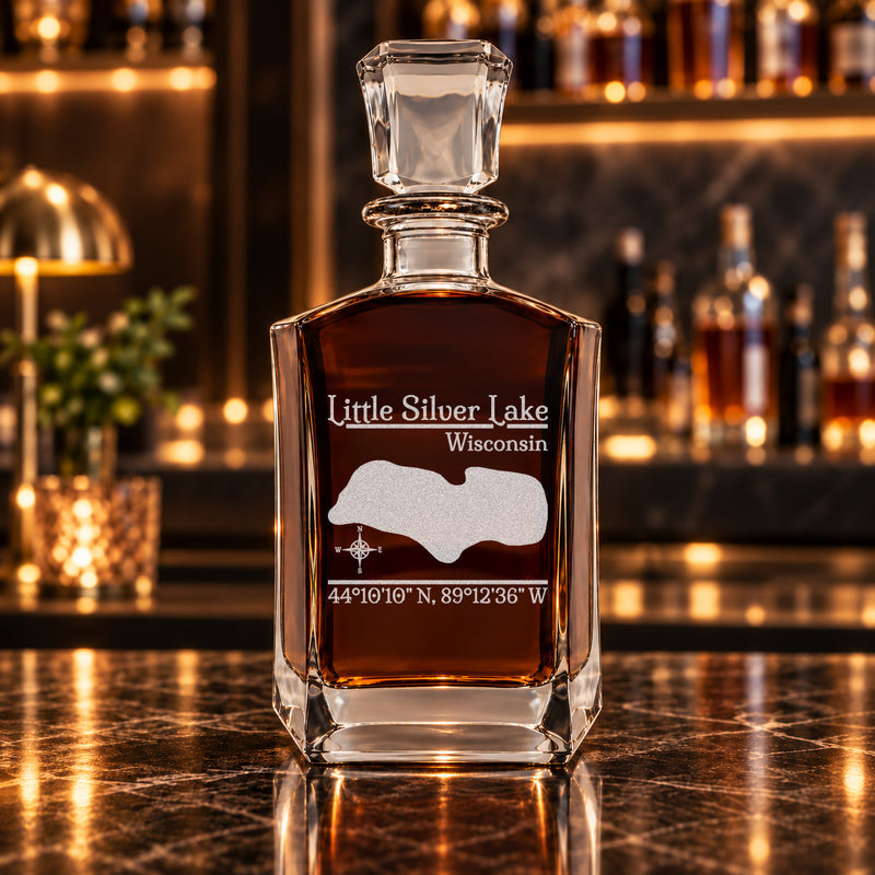 Little Silver Lake Wisconsin Classic engraved six-sided whiskey decanter - decanter alone