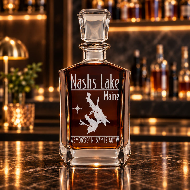 Nashs Lake Maine Modern engraved six-sided whiskey decanter - decanter alone