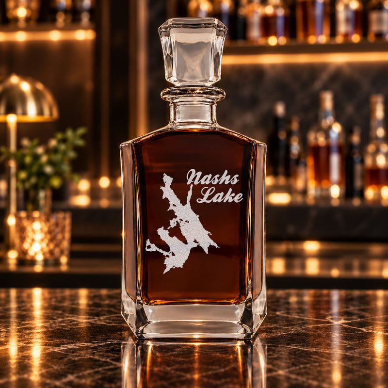 Nashs Lake Maine Minimalist engraved six-sided whiskey decanter - decanter alone