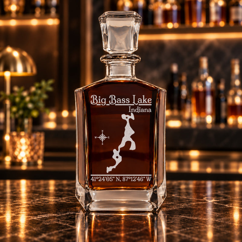 Big Bass Lake Indiana Classic engraved six-sided whiskey decanter - decanter alone