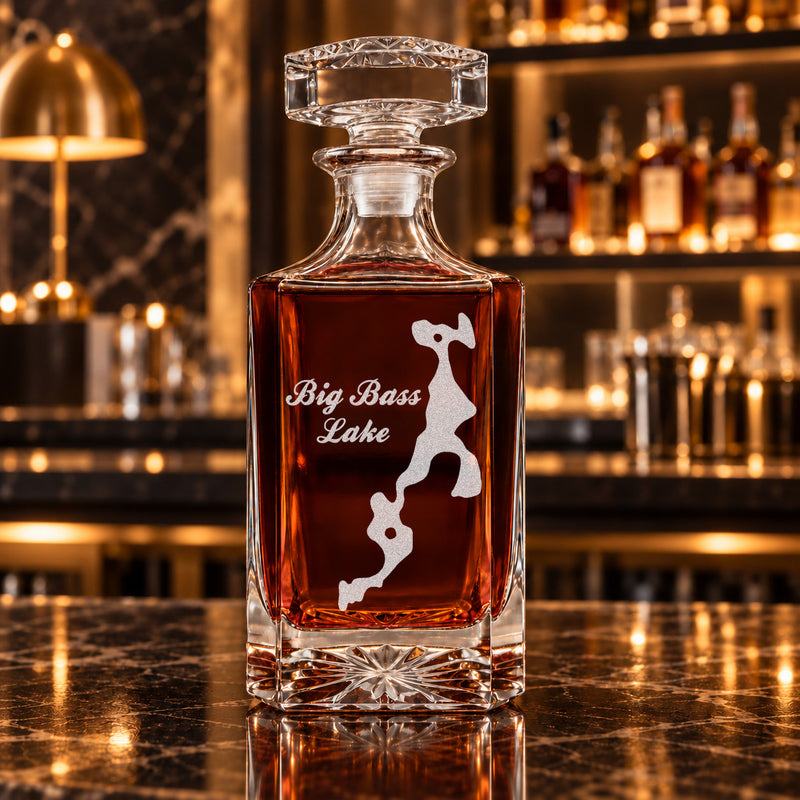 Big Bass Lake Indiana Minimalist engraved square whiskey decanter - decanter alone