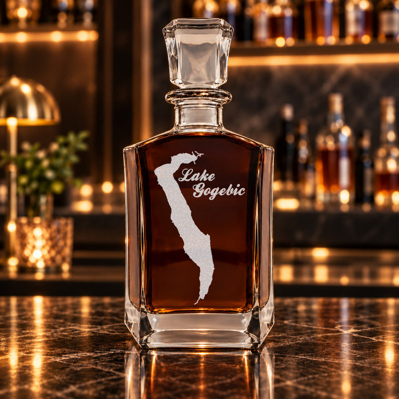 Lake Gogebic Michigan Minimalist engraved six-sided whiskey decanter - decanter alone