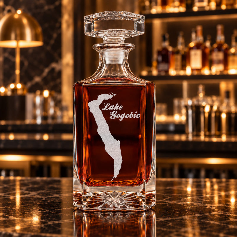 Lake Gogebic Michigan Minimalist engraved square whiskey decanter - decanter alone