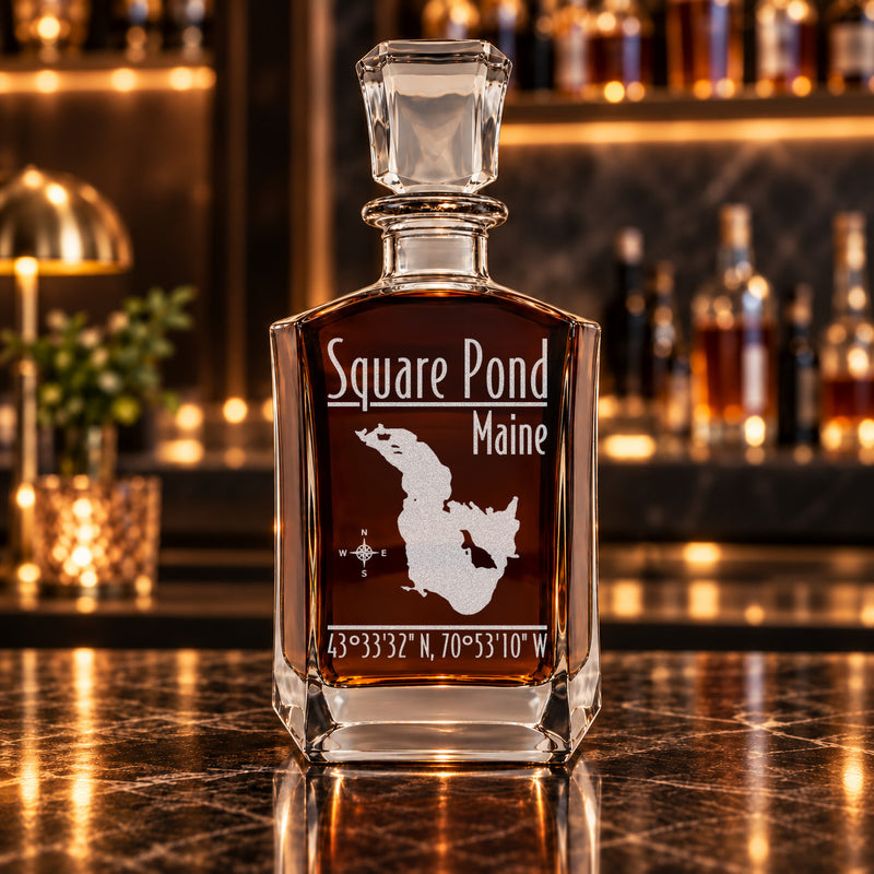 Square Pond Maine Modern engraved six-sided whiskey decanter - decanter alone