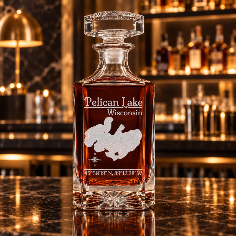 Pelican Lake Wisconsin Classic engraved square whiskey decanter - decanter alone