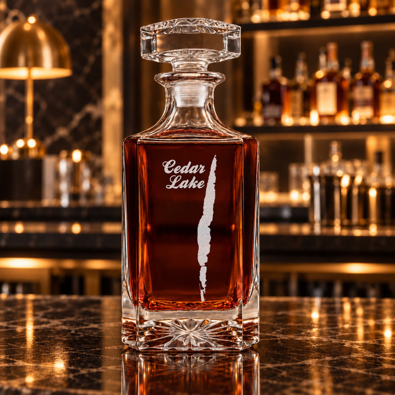 Cedar Lake Michigan Minimalist engraved square whiskey decanter - decanter alone
