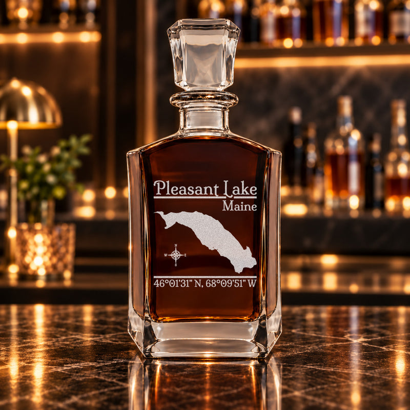 Pleasant Lake Maine Classic engraved six-sided whiskey decanter - decanter alone