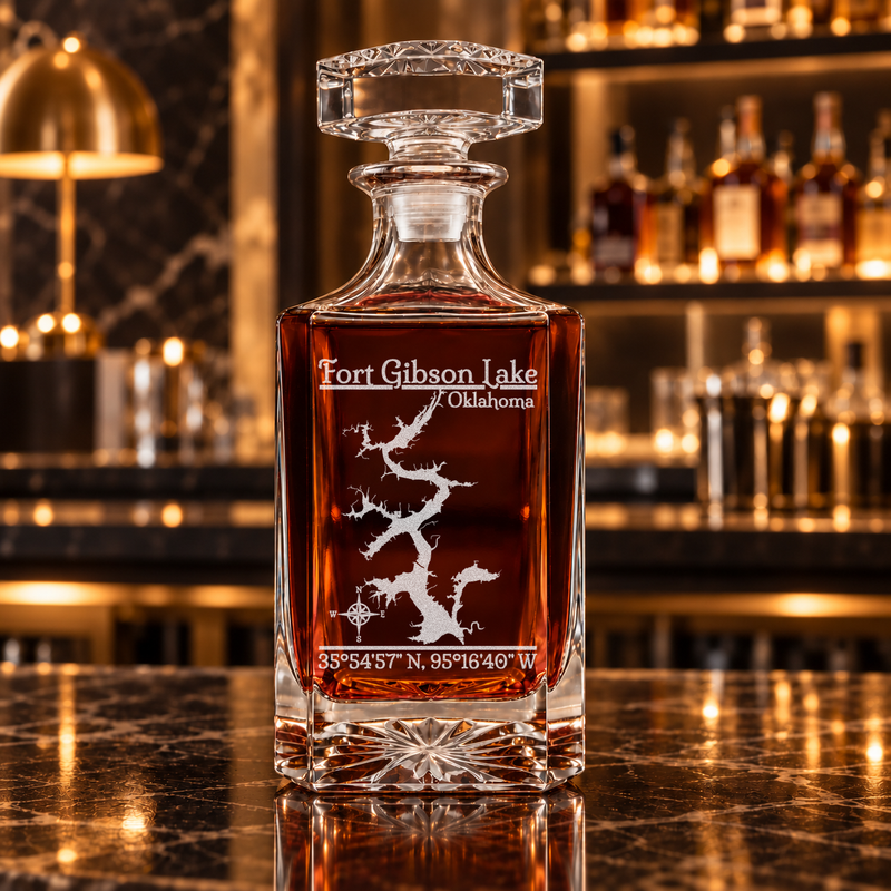 Fort Gibson Oklahoma Classic engraved square whiskey decanter — decanter alone in bar scene