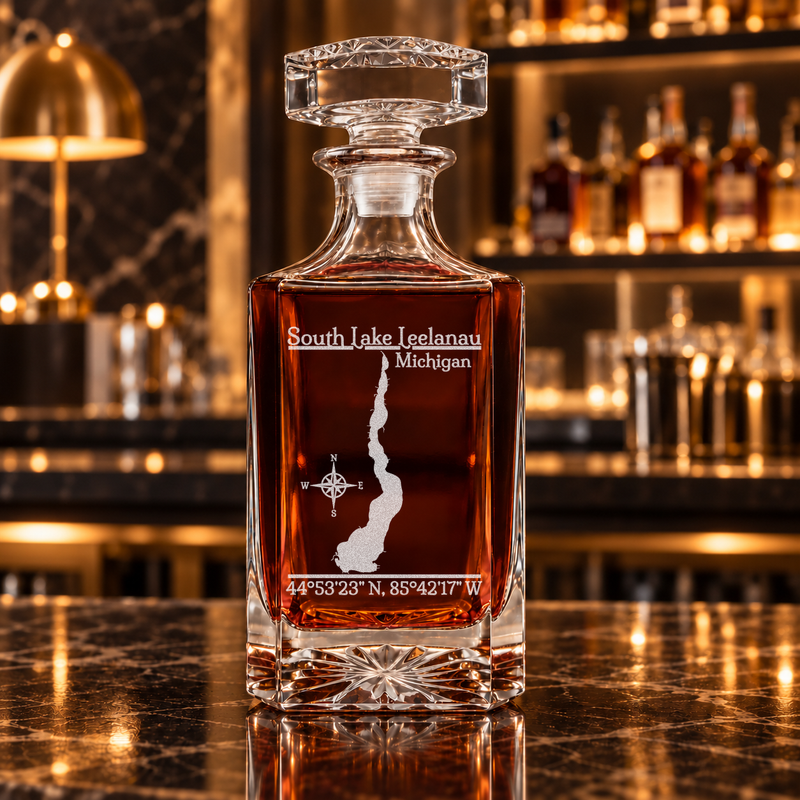 South Lake Leelanau Michigan Classic engraved square whiskey decanter — decanter alone in bar scene