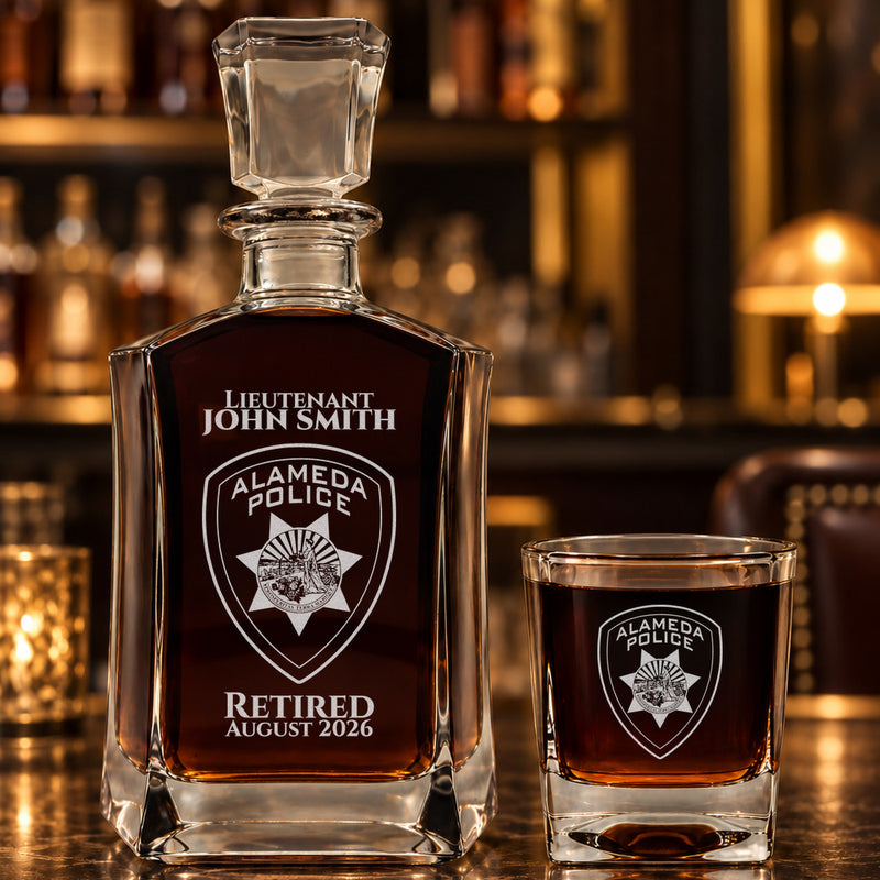 Police badge engraved six-sided whiskey decanter with matching glass, retirement gift