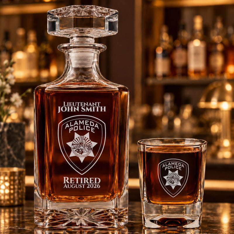 Police badge engraved square whiskey decanter with matching glass, retirement gift