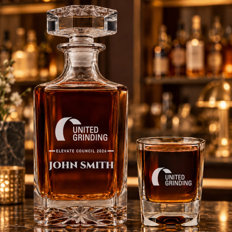 Company logo engraved square whiskey decanter with matching glass