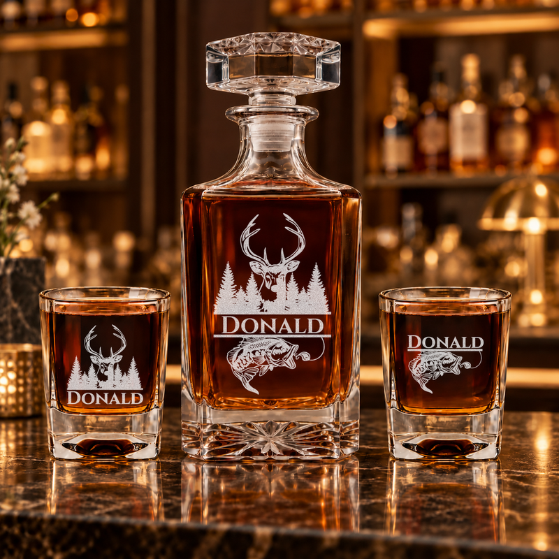 Hunting and Fishing engraved square whiskey decanter with two glasses: buck and pines on one glass, bass on the other