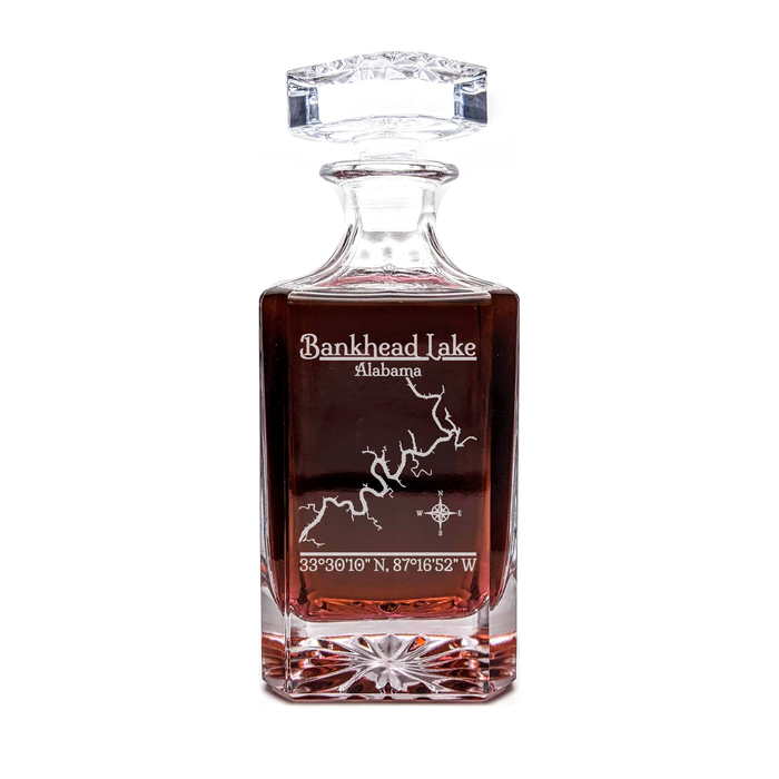 Bankhead Lake Alabama Classic engraved square whiskey decanter - light lifestyle scene