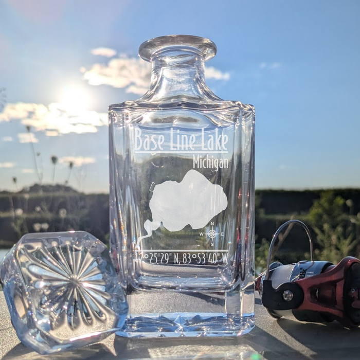 Base Line Lake Michigan Modern engraved square whiskey decanter - fishing lifestyle scene