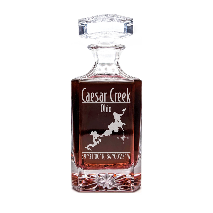 Caesar Creek Ohio Modern engraved square whiskey decanter - light lifestyle scene