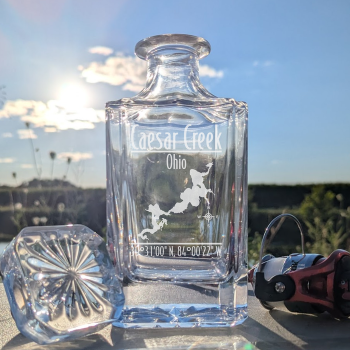 Caesar Creek Ohio Modern engraved square whiskey decanter - fishing lifestyle scene