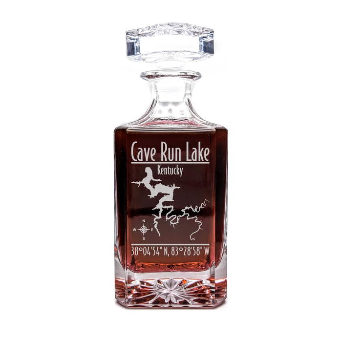 Cave Run Lake Kentucky Modern engraved square whiskey decanter - light lifestyle scene