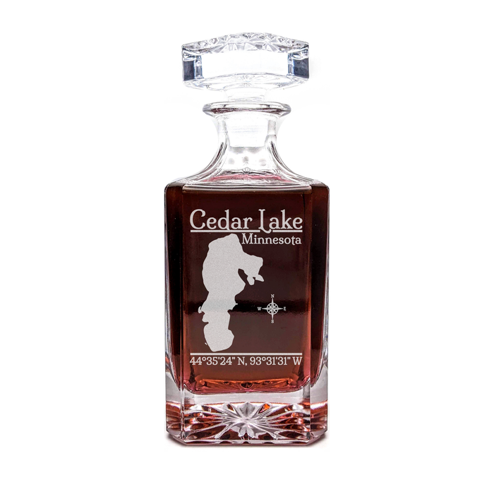 Cedar Lake Minnesota Classic engraved square whiskey decanter - light lifestyle scene