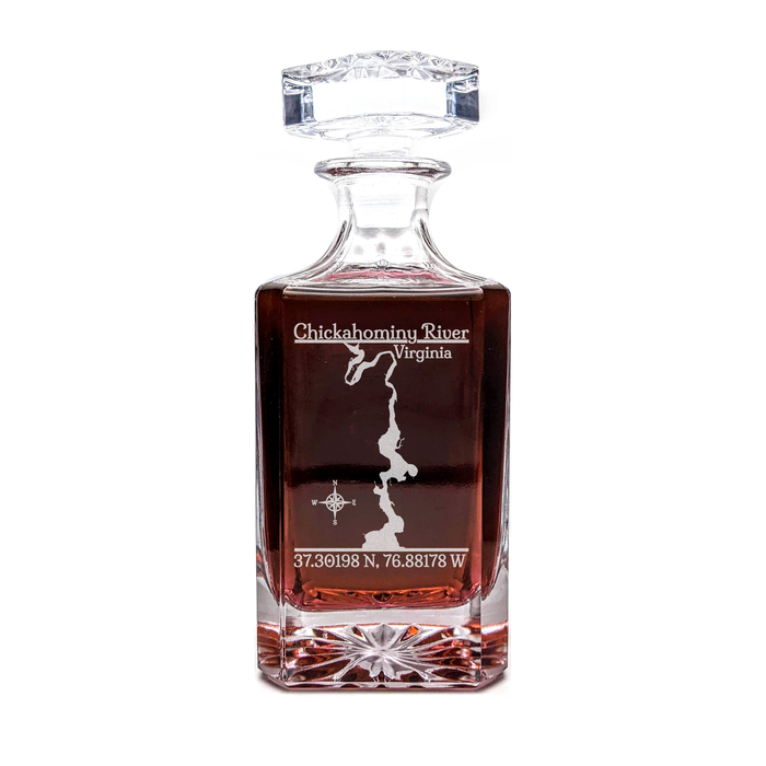 Chickahominy River Virginia Classic engraved square whiskey decanter - light lifestyle scene