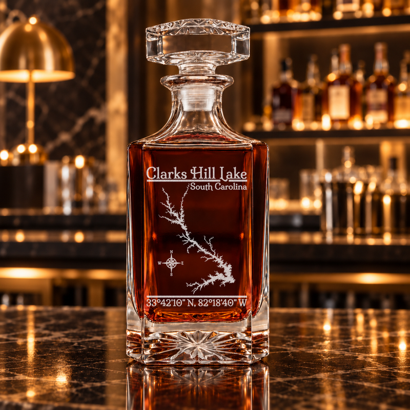 Clarks Hill Lake South Carolina Classic engraved square whiskey decanter - decanter alone