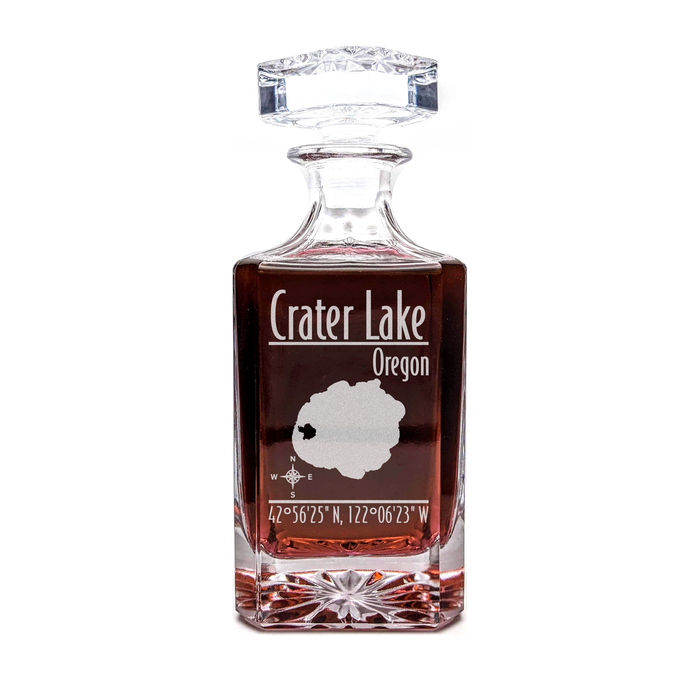 Crater Lake Oregon Modern engraved square whiskey decanter - light lifestyle scene