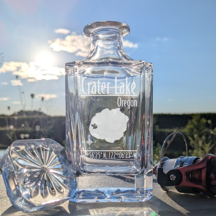 Crater Lake Oregon Modern engraved square whiskey decanter - fishing lifestyle scene