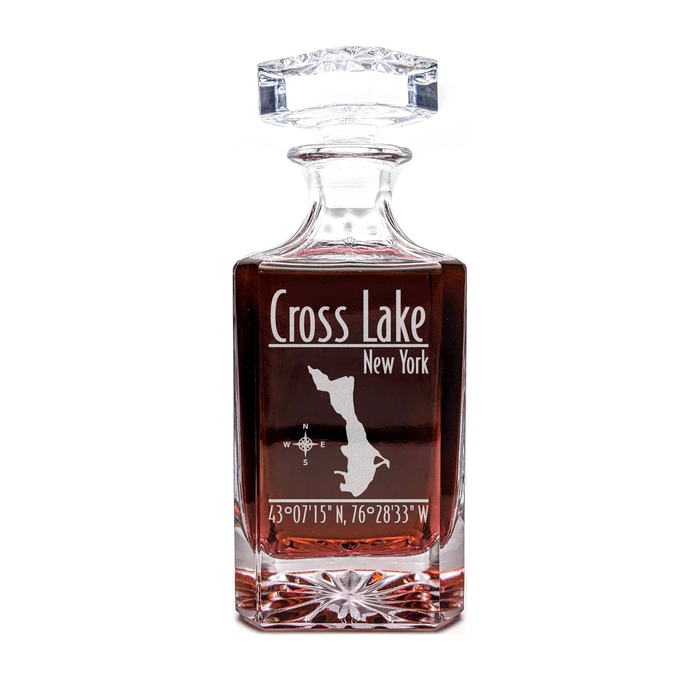 Cross Lake New York Modern engraved square whiskey decanter - light lifestyle scene