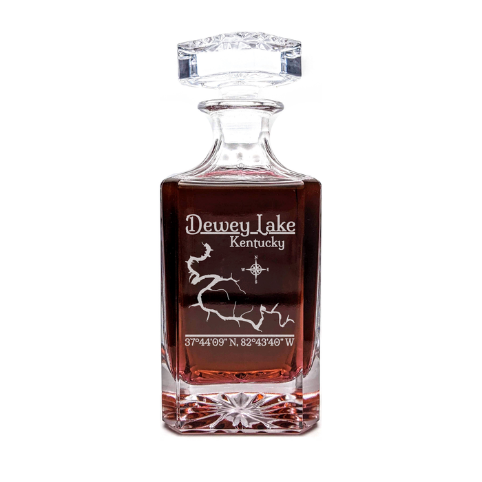 Dewey Lake Kentucky Classic engraved square whiskey decanter - light lifestyle scene