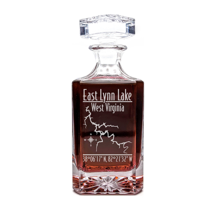 East Lynn Lake West Virginia Modern engraved square whiskey decanter - light lifestyle scene