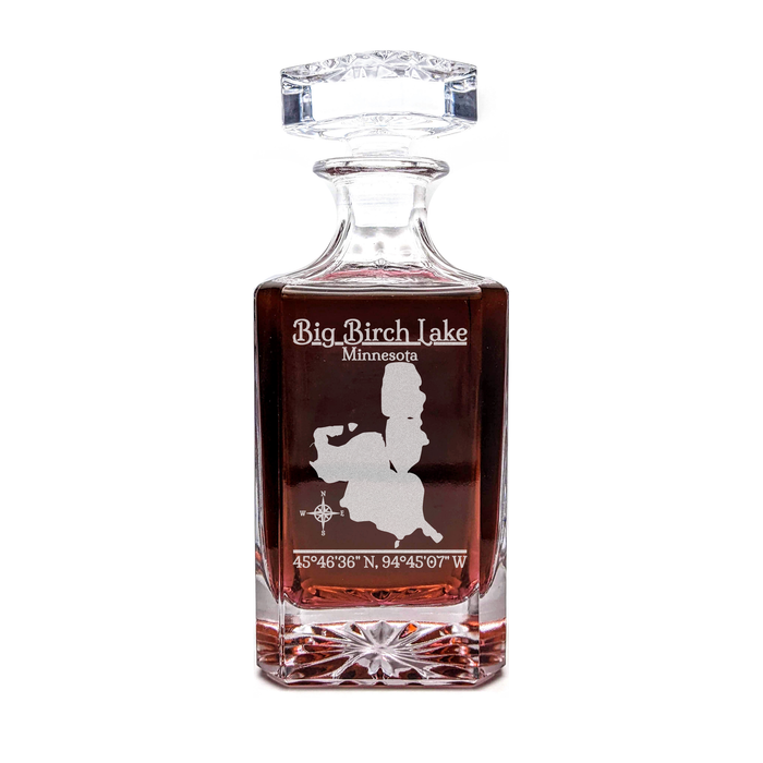 Big Birch Lake Minnesota Classic engraved square whiskey decanter - light lifestyle scene