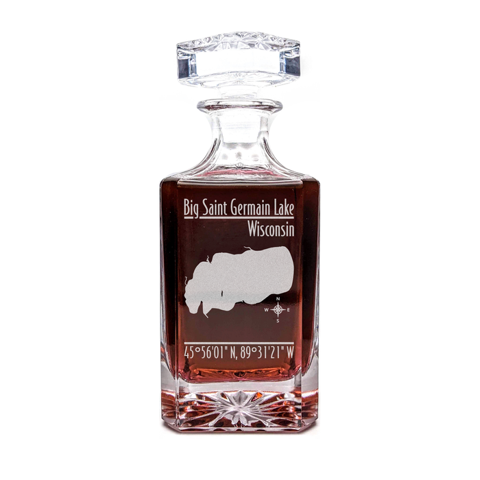 Big Saint Germain Lake Wisconsin Modern engraved square whiskey decanter - light lifestyle scene